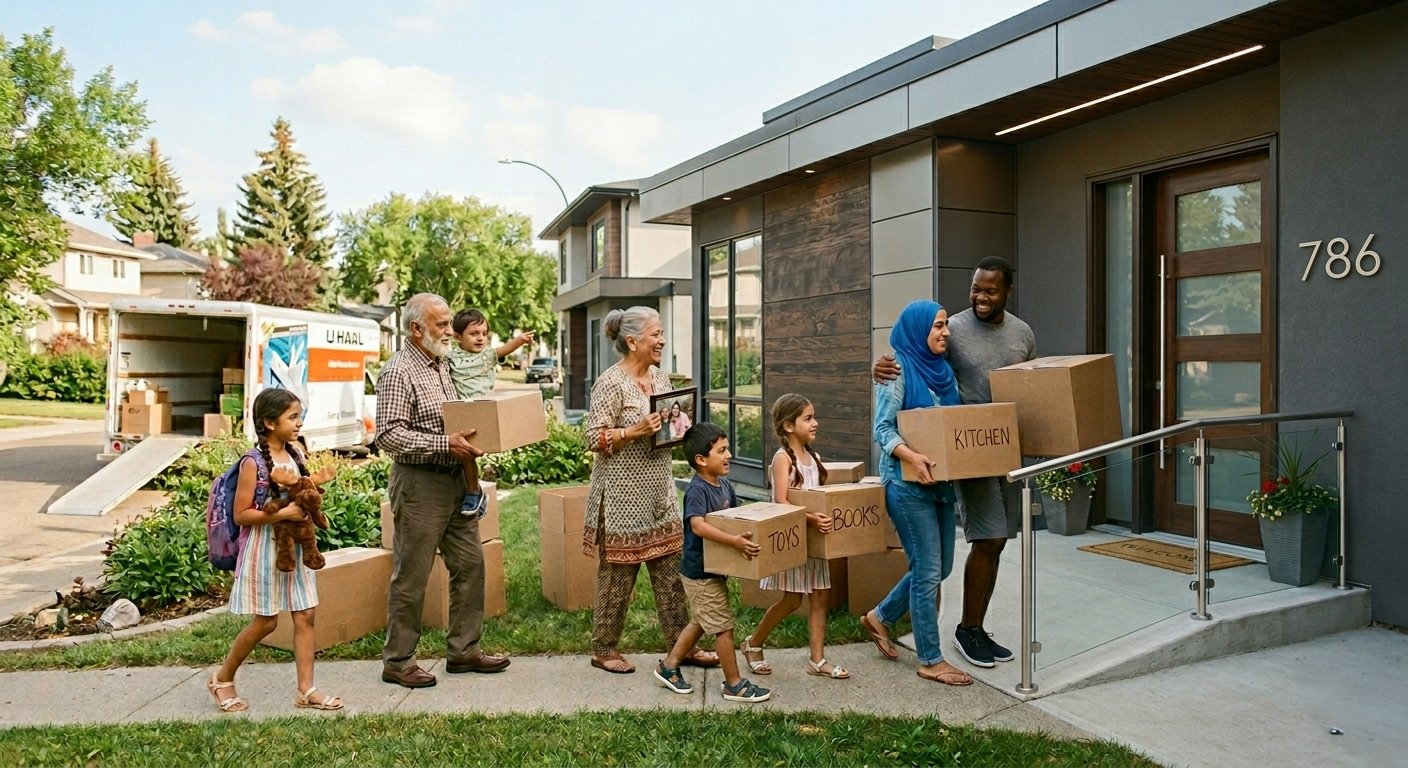 A multi-generational family moving into their new home together